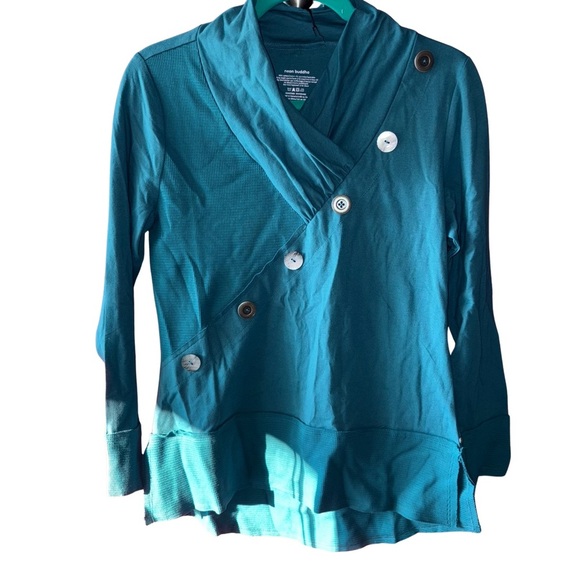 Neon Buddha Turquoise Asymmetrical Button Design Long Sleeve Tunic - Picture 1 of 6